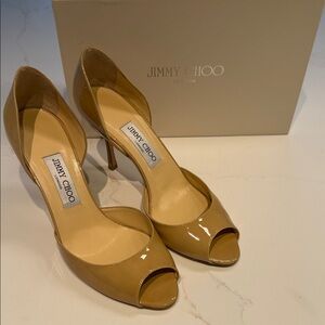 Jimmy Choo Tan Patent Peep-Toe Heels